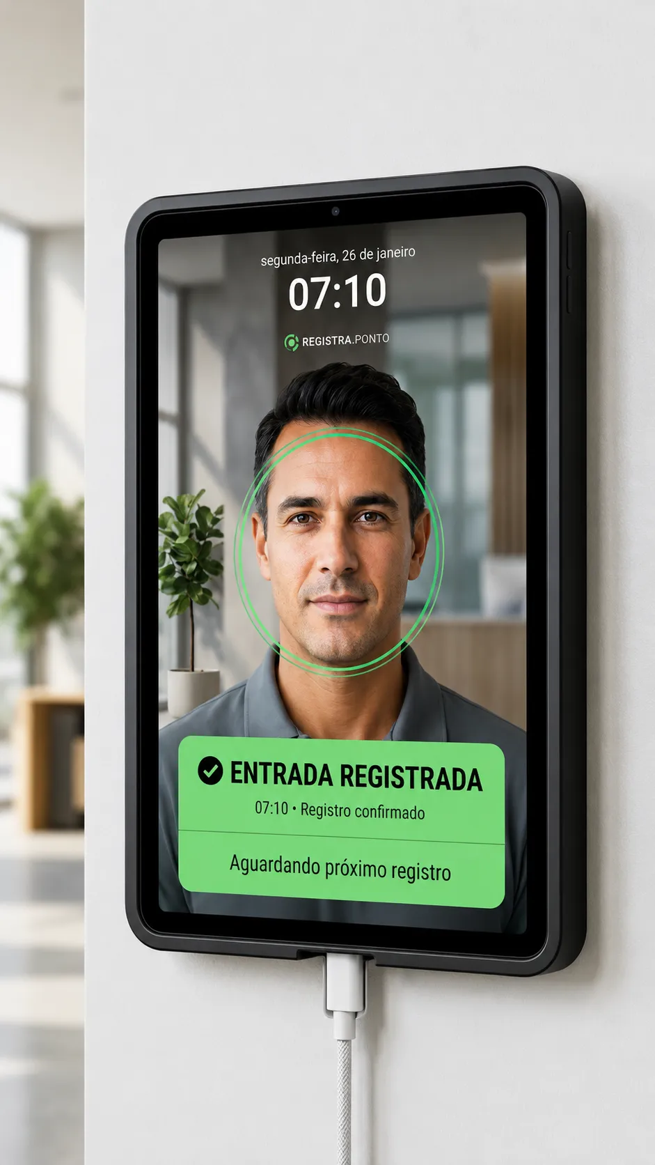 Tablet de registro facial na parede — REGISTRA.PONTO